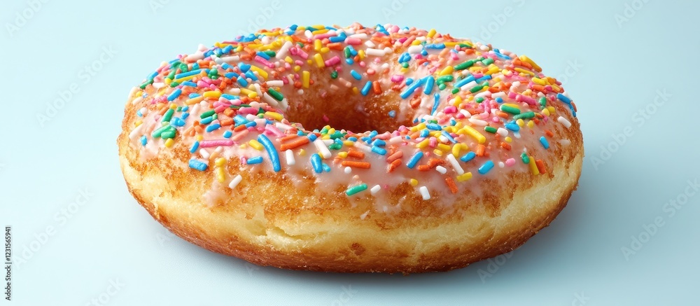 Vibrant doughnut with colorful sprinkles on a soft pink glaze positioned at center against a light blue background emphasizing its tempting appeal Vibrant doughnut with colorful sprinkles on a soft pink glaze positioned at center against a light blue background emphasizing its tempting appeal