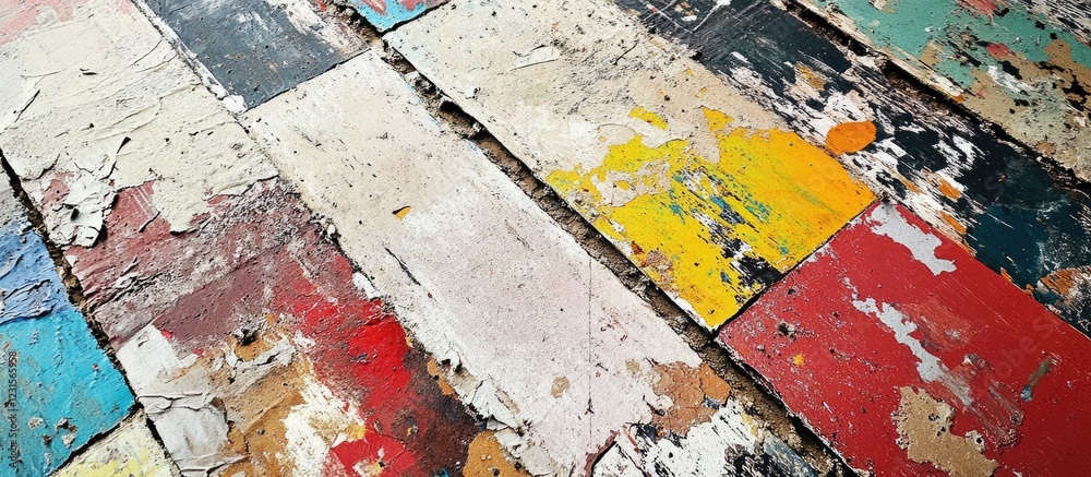 Fototapeta premium Vibrant textured vinyl surface in distressed multicolored patterns with red, yellow, green, and white tones arranged diagonally in a close-up view