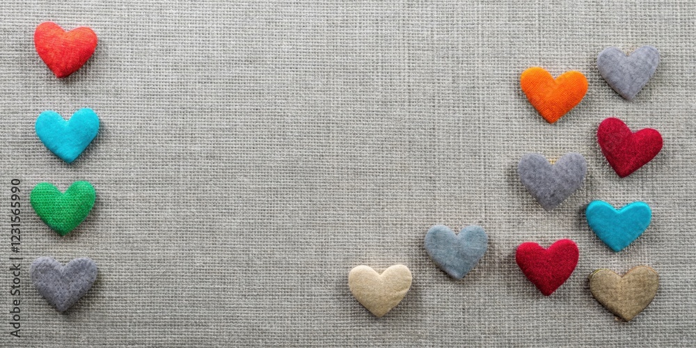 Obraz premium Colorful Felt Hearts Arranged on Textured Fabric Background