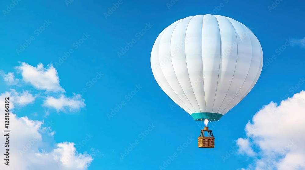 Naklejka premium White Hot Air Balloon Soaring Above Blue Sky with Clouds