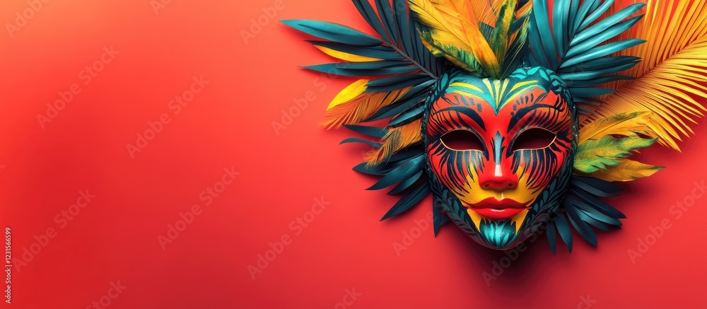 Vibrant carnival mask with colorful feathers on a rich red background highlighting intricate designs and festive artistic creativity Vibrant carnival mask with colorful feathers on a rich red background highlighting intricate designs and festive artistic creativity