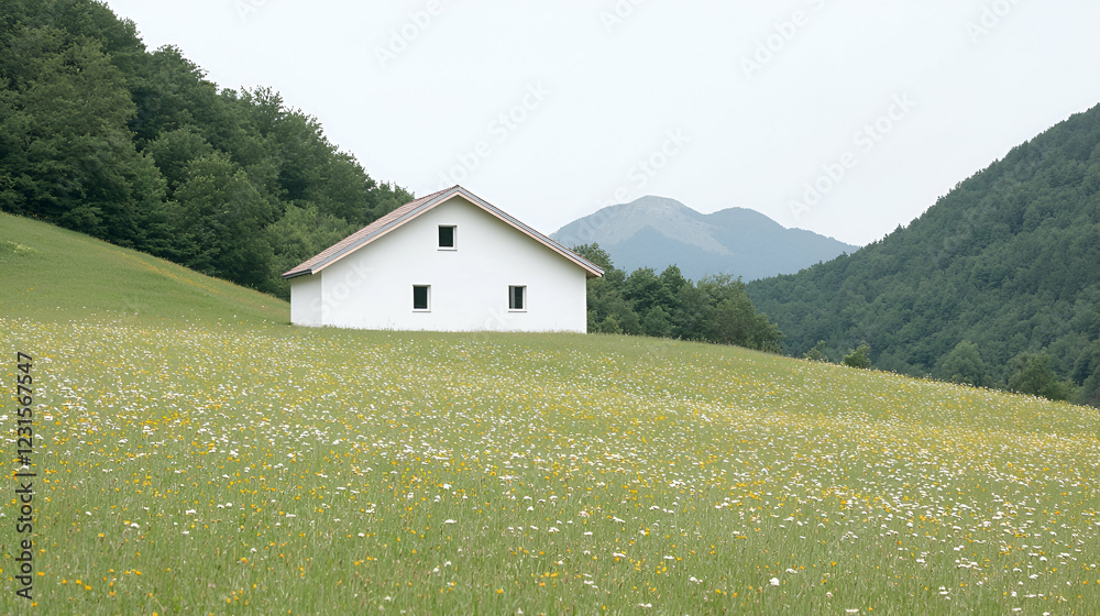 Obraz premium White house, meadow, mountains, spring