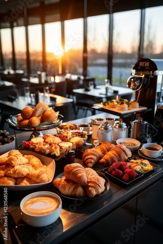 Breakfast Buffet: A spread of croissants, scrambled eggs, fruit platters, and coffee urns. Catering. Hotel. Morning.