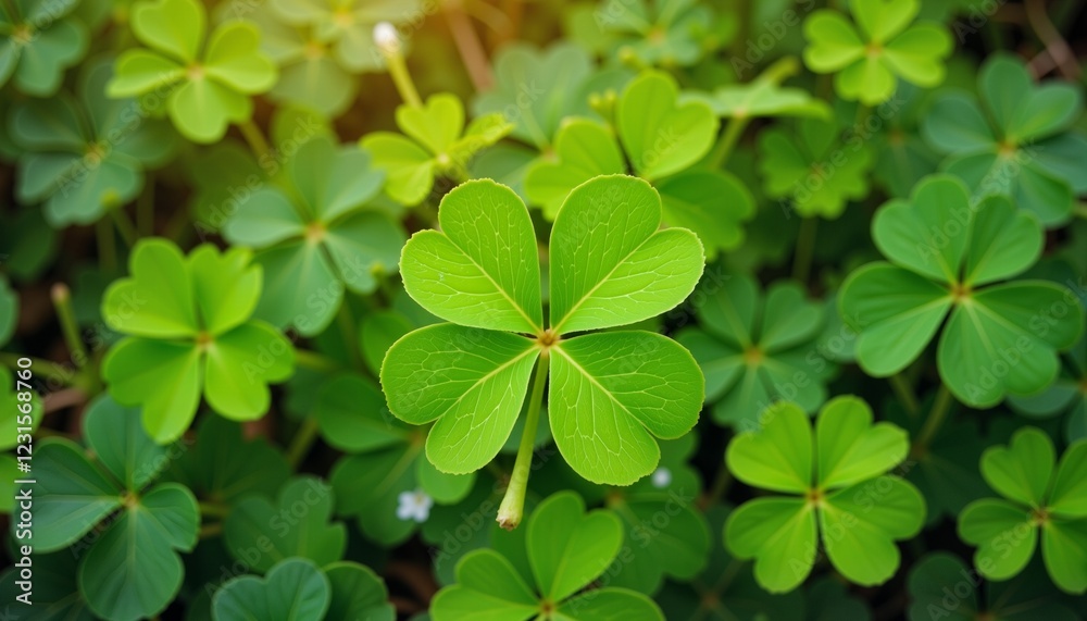 Green four-leaf clover surrounded by lush foliage Green four-leaf clover surrounded by lush foliage