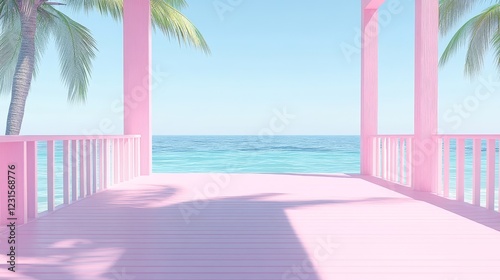 Pastel Pink Beach Gazebo Overlooking Serene Turquoise Ocean