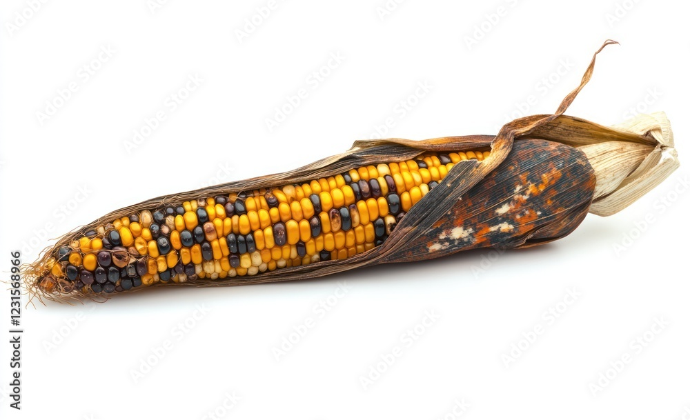 Dried Indian corn cob, autumn harvest, white background, fall decor