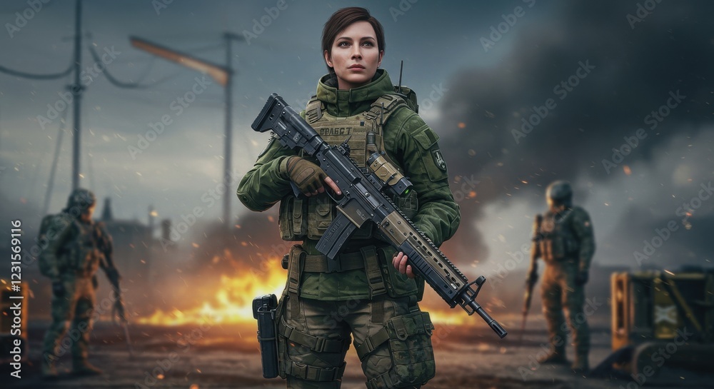Female soldier stands confidently with a rifle amidst a smoky battlefield Female soldier stands confidently with a rifle amidst a smoky battlefield