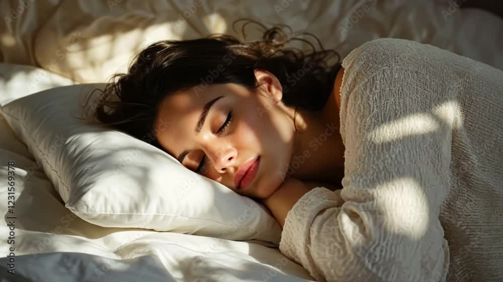 This video showcases a woman in deep sleep, surrounded by soft bedding. It conveys a sense of peace and calm. Ideal for promoting relaxation and self-care. Generative AI This video showcases a woman in deep sleep, surrounded by soft bedding. It conveys a sense of peace and calm. Ideal for promoting relaxation and self-care. Generative AI