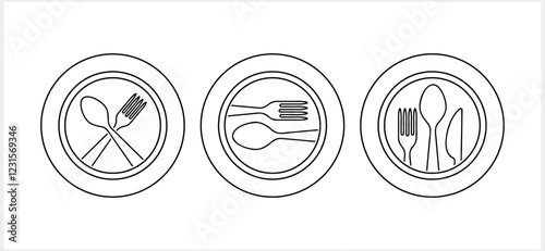 Outline cutlery fork spoon knife plate icon isolated Food clipart Vector stock illustration