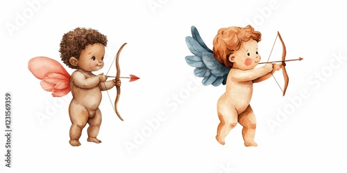 Two adorable, chubby babies with wings, one with pink fairy wings and the other with blue angel wings, both aiming bows and arrows. photo