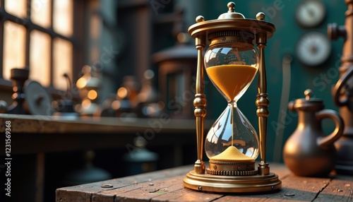 Vintage hourglass with flowing sand on a rustic wooden table in a cozy room
