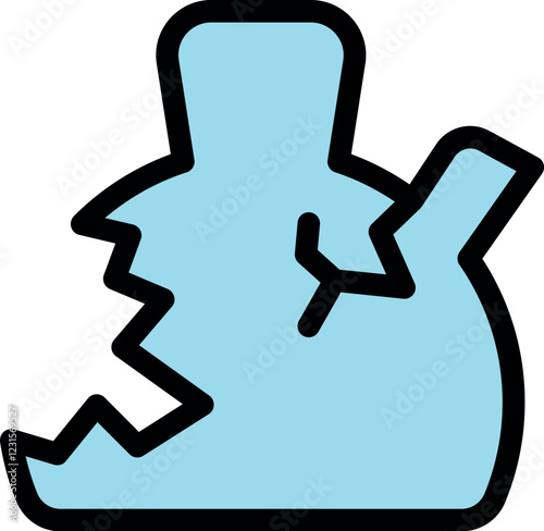 Light blue broken teapot, simple icon of a damaged kitchenware, isolated vector illustration