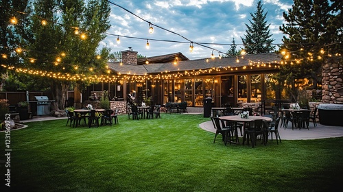 Backyard Event Evening reception, string lights, luxury home, mountain setting