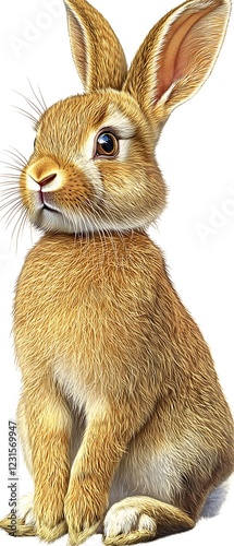 Cute brown bunny sitting, white background, Easter
