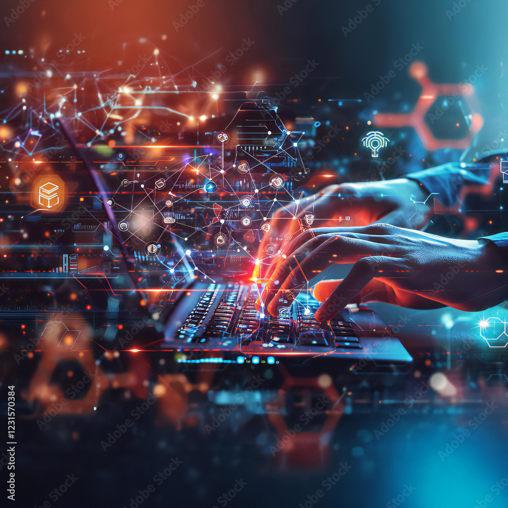 Hacker Typing on Keyboard with Digital Interface Hacker Typing on Keyboard with Digital Interface