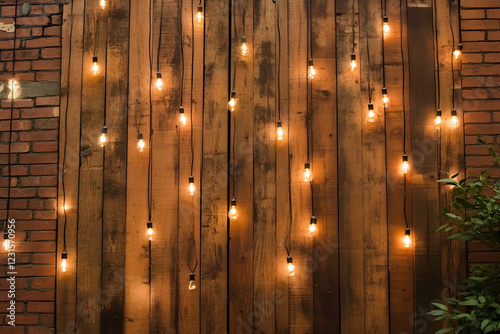 Rustic Edison Bulb Backdrop: Warm, inviting string lights with Edison bulbs hang elegantly against a rustic wooden wall, creating a charming and atmospheric backdrop perfect for events or home decor.