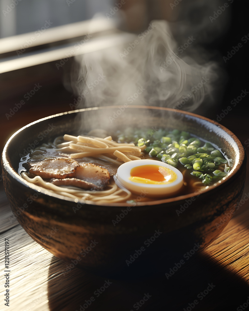 Steaming bowl of ramen with rich broth and toppings Steaming bowl of ramen with rich broth and toppings