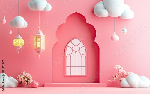 Wallpaper Mural 3D rendering of a cute Ramadan Islamic background with a lantern, holy Quran, and cloud decoration on a pastel pink wall. Banner template for social media pages for the Ramadan festival celebration.  Torontodigital.ca