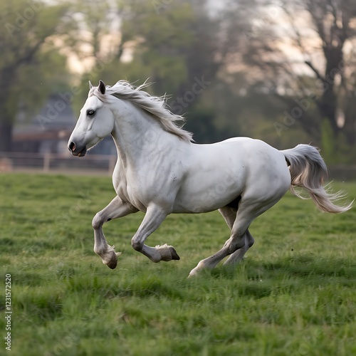 white horse runs gallop in the field