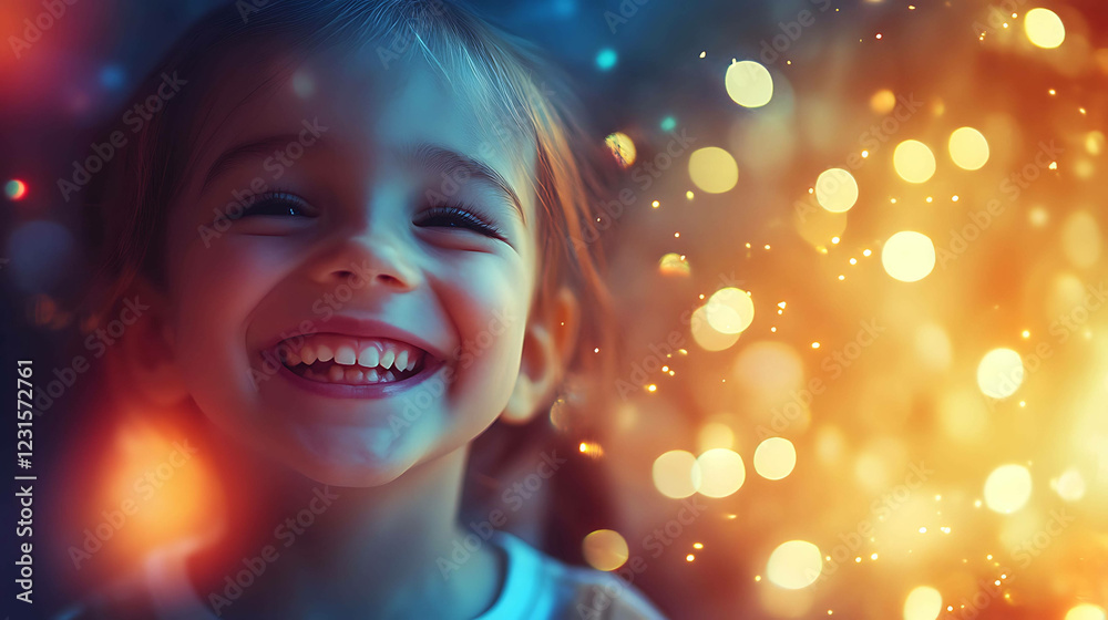 Close-up of a joyful child, smiling widely and glowing Close-up of a joyful child, smiling widely and glowing
