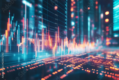 Digital Stock Market: Dynamic data streams of vibrant orange and blue illuminate a futuristic cityscape, symbolizing the ever-changing landscape of the global stock market. photo