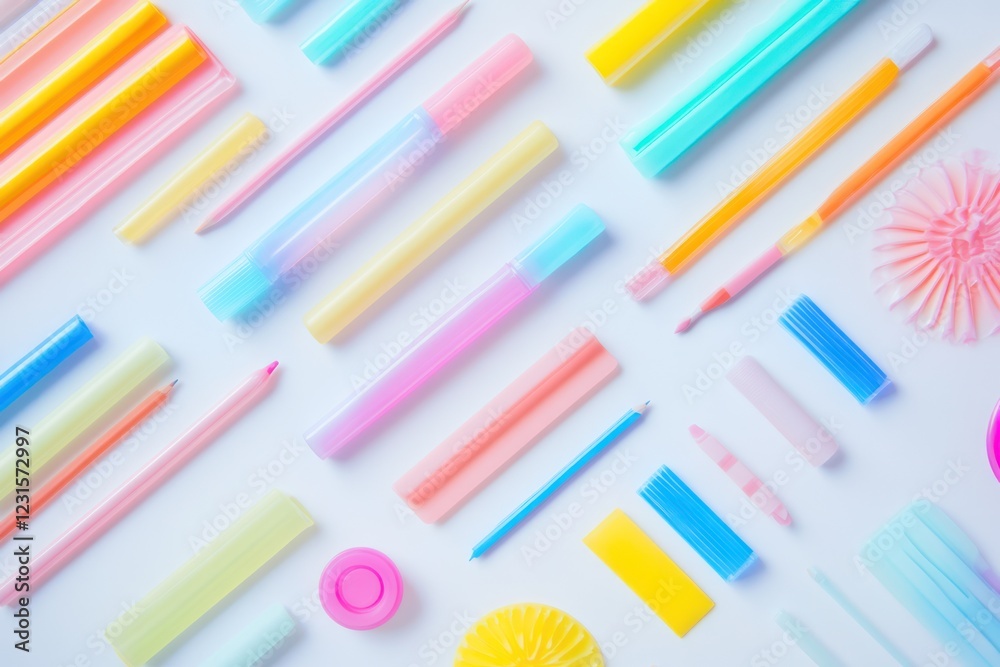 Pastel stationery arranged on white background, flat lay for social media Pastel stationery arranged on white background, flat lay for social media