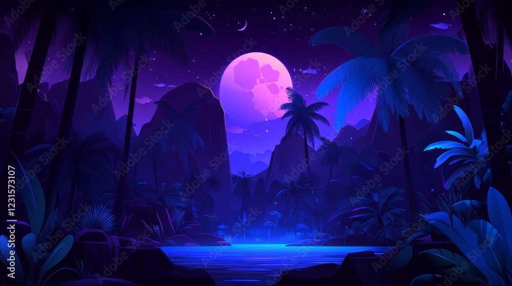 Fototapeta premium Ethereal Tropical Nightscape Pink Moon Illuminates a Mysterious Lagoon