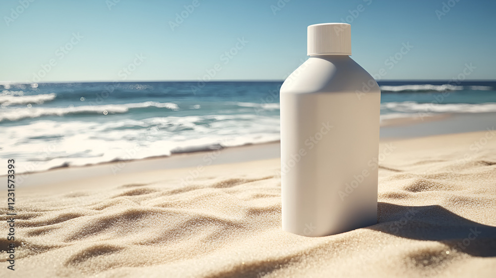 Sun-Kissed Skincare: A blank white bottle of sun care lotion sits on a pristine sandy beach, bathed in the warm glow of the summer sun. Sun-Kissed Skincare: A blank white bottle of sun care lotion sits on a pristine sandy beach, bathed in the warm glow of the summer sun.