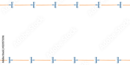 Vector frame of rakes. Garden tools, working equipment. Horizontal upper and lower edging, border, divider on topics of gardening, farming, agriculture