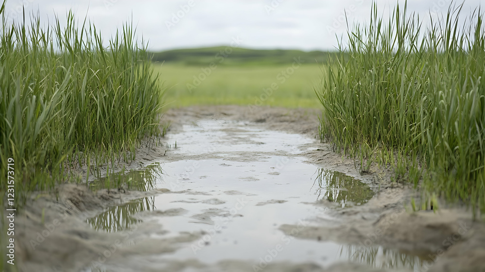 Muddy path puddle, green grass, field background, nature scene Muddy path puddle, green grass, field background, nature scene
