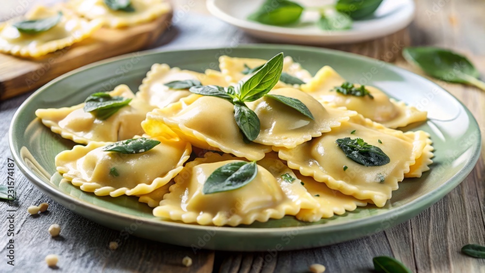 Fresh Ravioli with Basil and Olive Oil on Rustic Wooden Table Fresh Ravioli with Basil and Olive Oil on Rustic Wooden Table