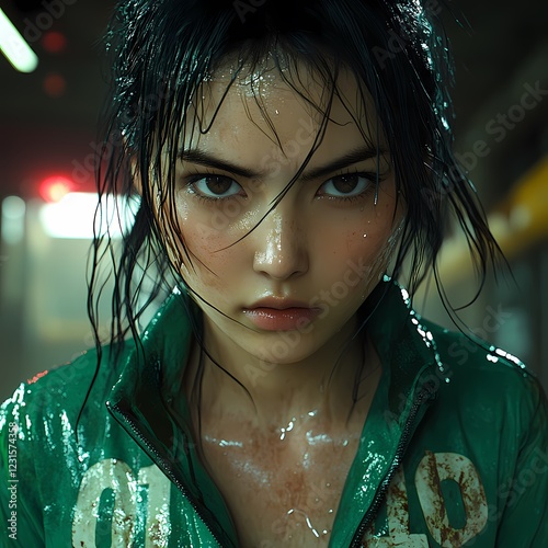 Close-up of a determined young woman in a drenched green outfit under neon lights in an urban environment photo