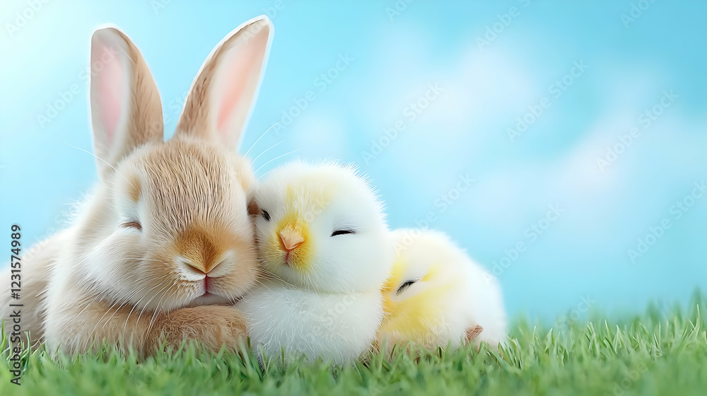 Obraz premium Bunny and chicks cuddling on grass, spring sky. Easter card