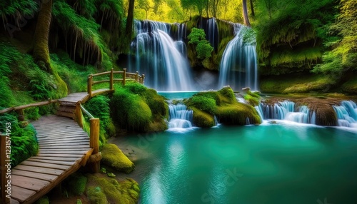 A scenic waterfall surrounded by dense greenery with a wooden bridge in the foreground.