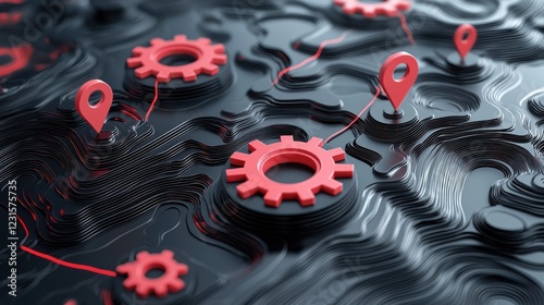 A digital design featuring red gears and location pins on a textured dark surface, symbolizing connectivity and technology.