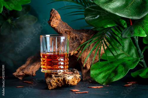 Scotch, whiskey or bourbon in glass. Dark blue background with old driftwood, leaves and shadows photo