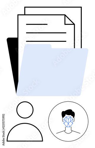 File folder with documents, user profile icon, and face recognition symbol. Ideal for themes thumbs up identity management, data storage, document security, privacy, biometrics, AI abstract line