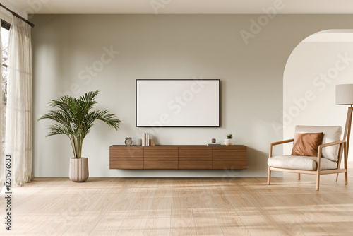 Modern Living Room with Minimalist Design Elements. 3d render.