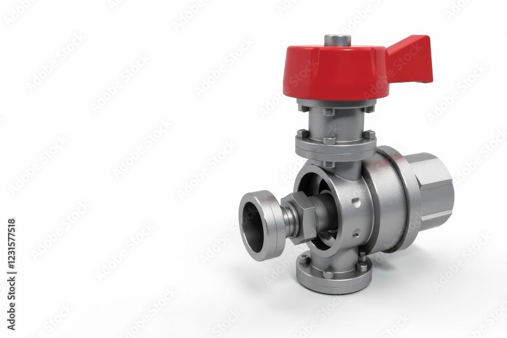 Close-up view of a metallic industrial valve with a red lever handle, isolated on a white background Close-up view of a metallic industrial valve with a red lever handle, isolated on a white background