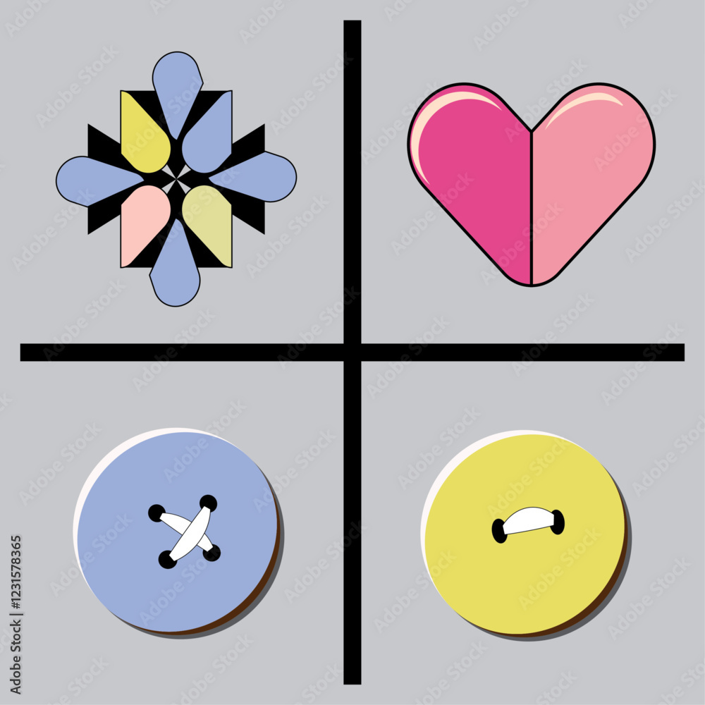 Heart, Buttons, Flower: A Simple Design with Playful Elements in Soft Colors Heart, Buttons, Flower: A Simple Design with Playful Elements in Soft Colors