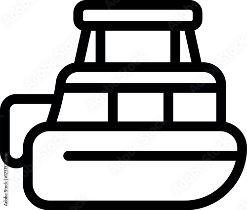 Simple black and white line art icon of a river boat with canopy roof, representing river tourism, transportation, and leisure activities