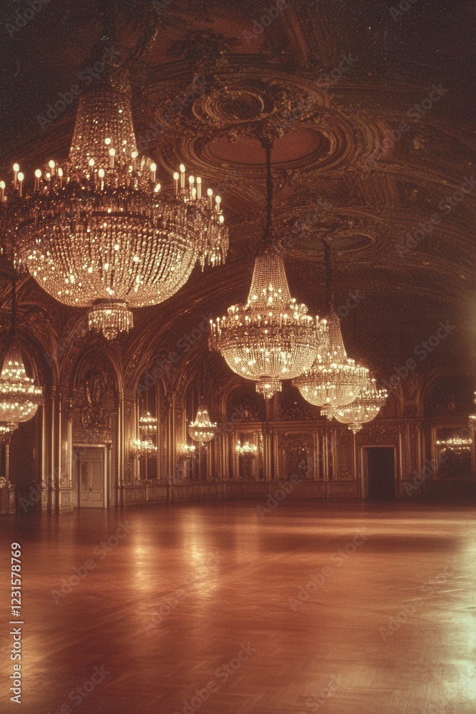 Obraz premium a postcard featuring a grand ballroom with sparkling chandeliers and luxurious decor, evoking a sense of extravagance. 