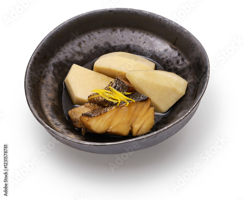 Ebi-imo ( shrimp shaped taro ) simmered with dried codfish. Japanese traditional cuisine (local dish from Kyoto). photo