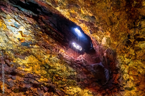 A window cleaner's elevator takes you down over 200 m into the volcanic gorge of Thrihnukagigur. View of the ceiling of the unique colorful lava chamber, an Icelandic natural and geological attraction photo