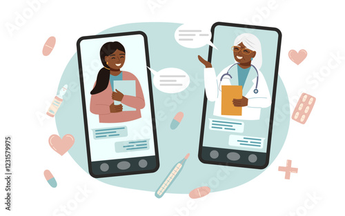 Online medical consultation between doctor and patient on smartphone screens. Concept of online medicine, healthcare, clinic, video call and telemedicine. Vector hand drawn illustration.