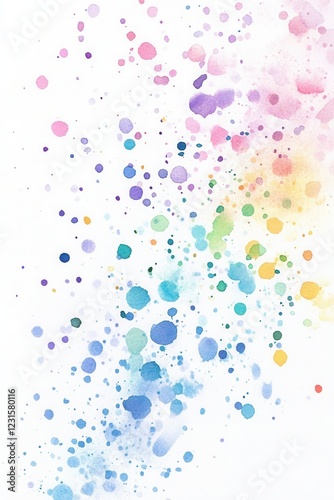a postcard featuring small watercolor splashes in soft pastel hues scattered over a white background. 