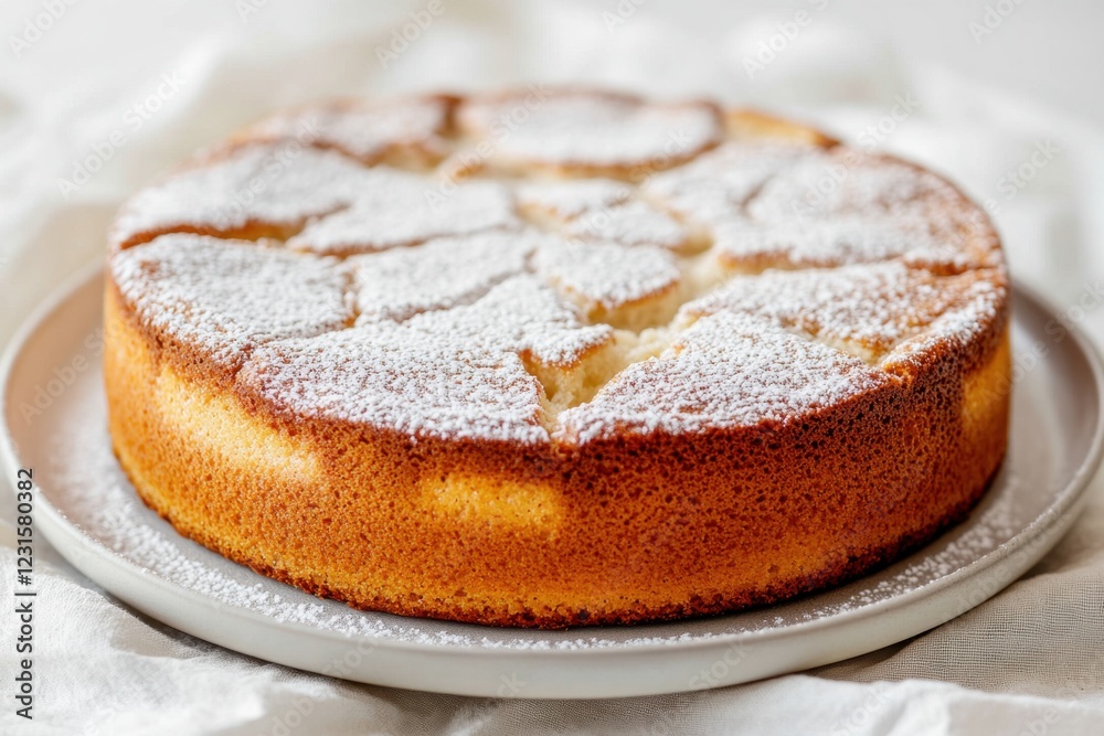 Delicious gluten-free almond cake dusted with powdered sugar kitchen setting food photography cozy environment top view sweet treat concept Delicious gluten-free almond cake dusted with powdered sugar kitchen setting food photography cozy environment top view sweet treat concept