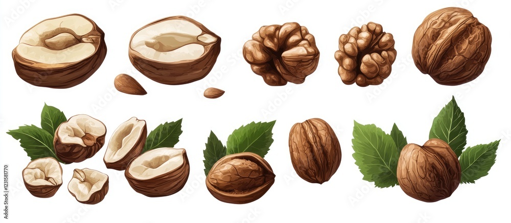 Detailed vector illustrations of various nuts including hazelnuts and walnuts, arranged on a white background with green leaves accentuating the composition. Detailed vector illustrations of various nuts including hazelnuts and walnuts, arranged on a white background with green leaves accentuating the composition.