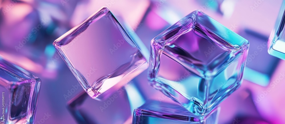Vibrant abstract image featuring translucent ice cubes in shades of purple and blue against a blurred geometric background, creating a dynamic visual effect. Vibrant abstract image featuring translucent ice cubes in shades of purple and blue against a blurred geometric background, creating a dynamic visual effect.