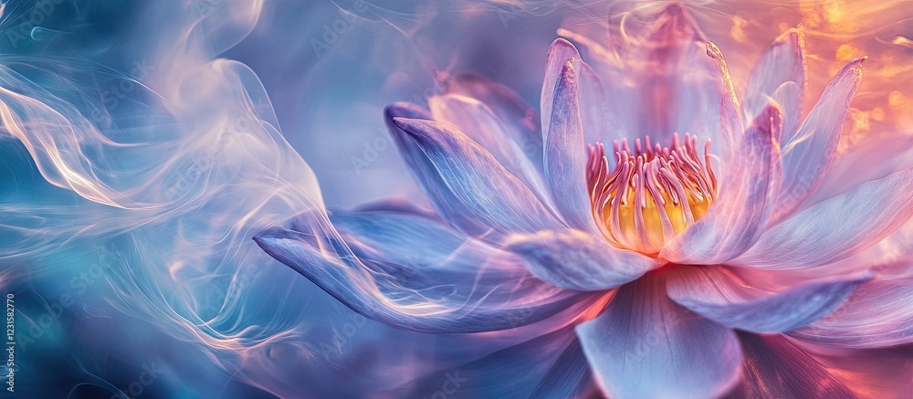 Fototapeta premium Dreamy close-up of a pastel pink lotus flower with soft blue background swirls and warm fiery highlights capturing tranquility and elegance.